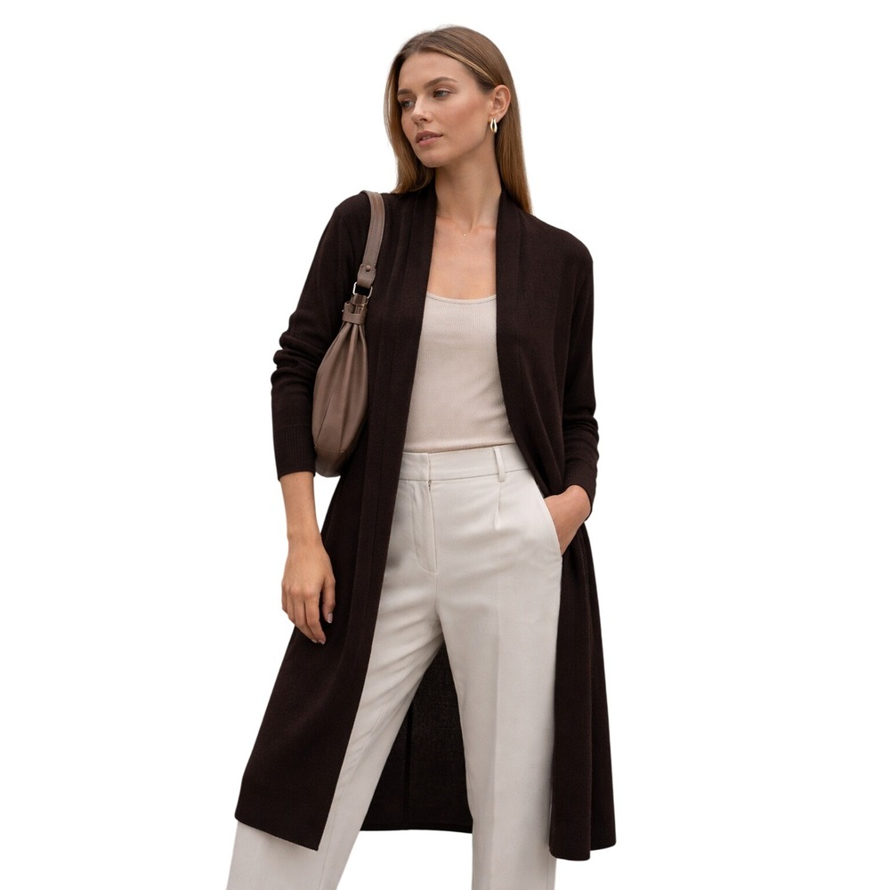EILEEN FISHER 100% Wool Open‎ Front Long Cardigan Minimalist Chocolate brown S